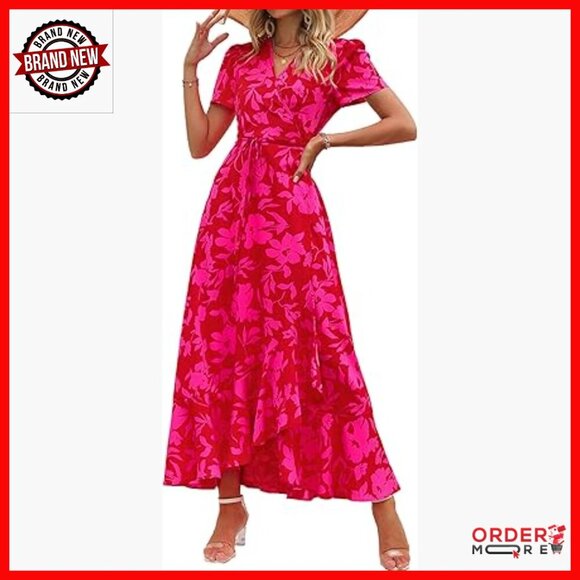 Dresses & Skirts - Boho Floral Maxi Dress Wrap V Neck Short Sleeve Summer Beach Wedding Guest